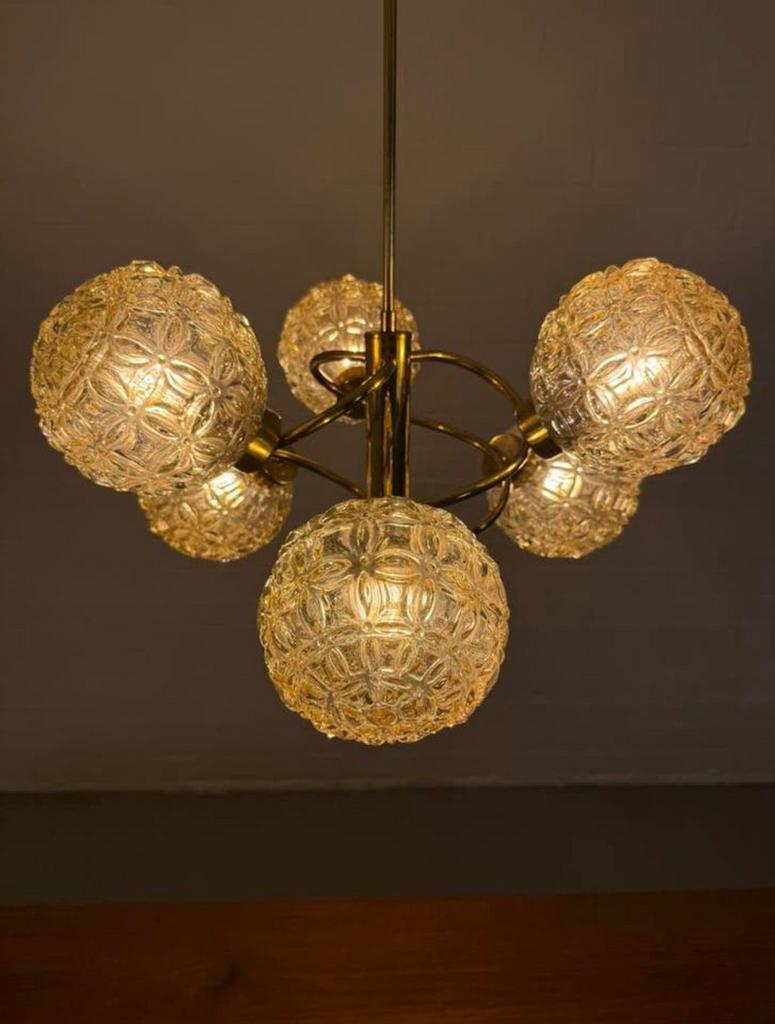 Vintage messing  kroonluchter spoetnik amber glas jaren 70, Ophalen of Verzenden, Glas