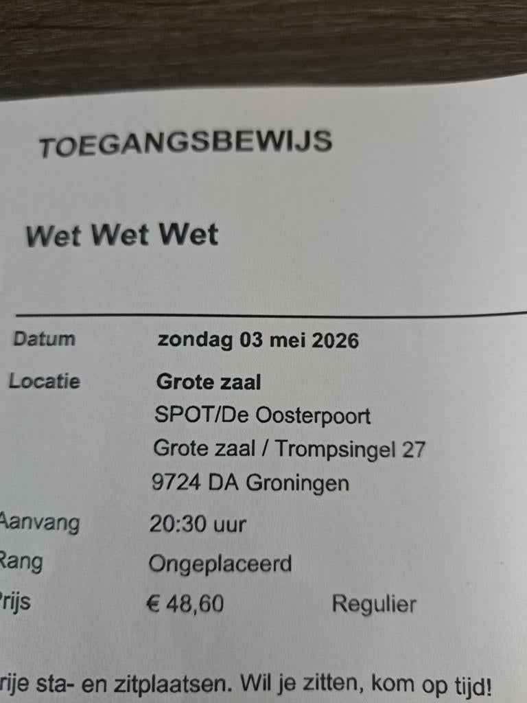 Wet Wet Wet 3 mei 2026 1 ticket, Tickets en Kaartjes, Concerten | Overige, Eén persoon, Mei