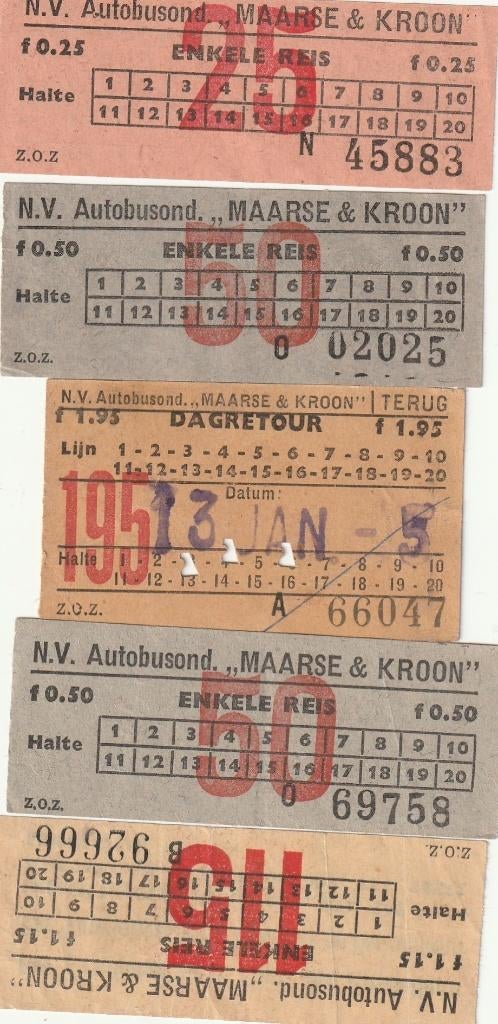 Acht kaartjes N,V. Autobusond. Maarse & Kroon, Verzamelen, Verzenden, Gebruikt, Bus of Metro, Overige typen