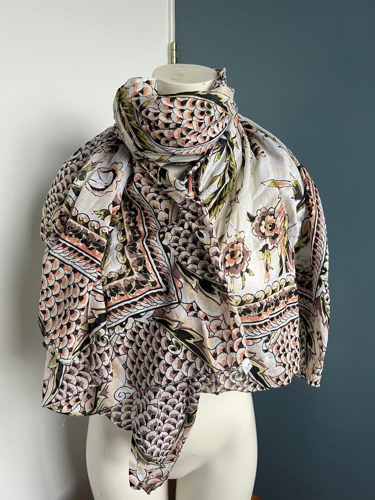 Grote dunne katoenen sjaal oudroze bloemen beige made india, Kleding | Dames, Maat 46/48 (XL) of groter, Ophalen of Verzenden
