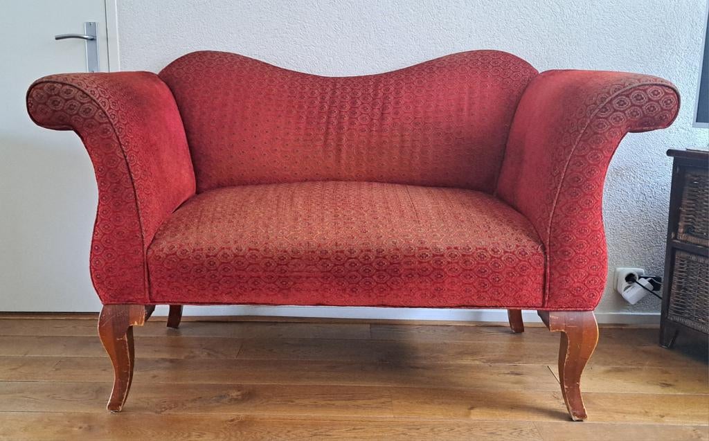 Vintage bankje, rood velours, Ophalen, Gebruikt, Klassiek, Vintage, Queen Ann, 150 tot 200 cm
