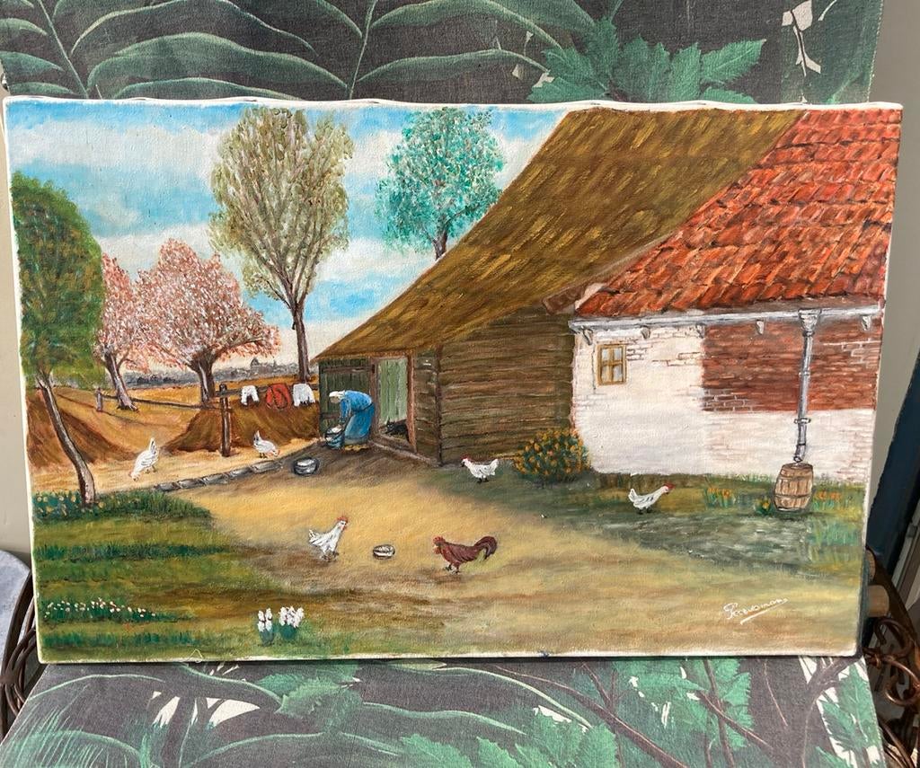 Olieverf schilderij “ Boerenerf”, Ophalen of Verzenden