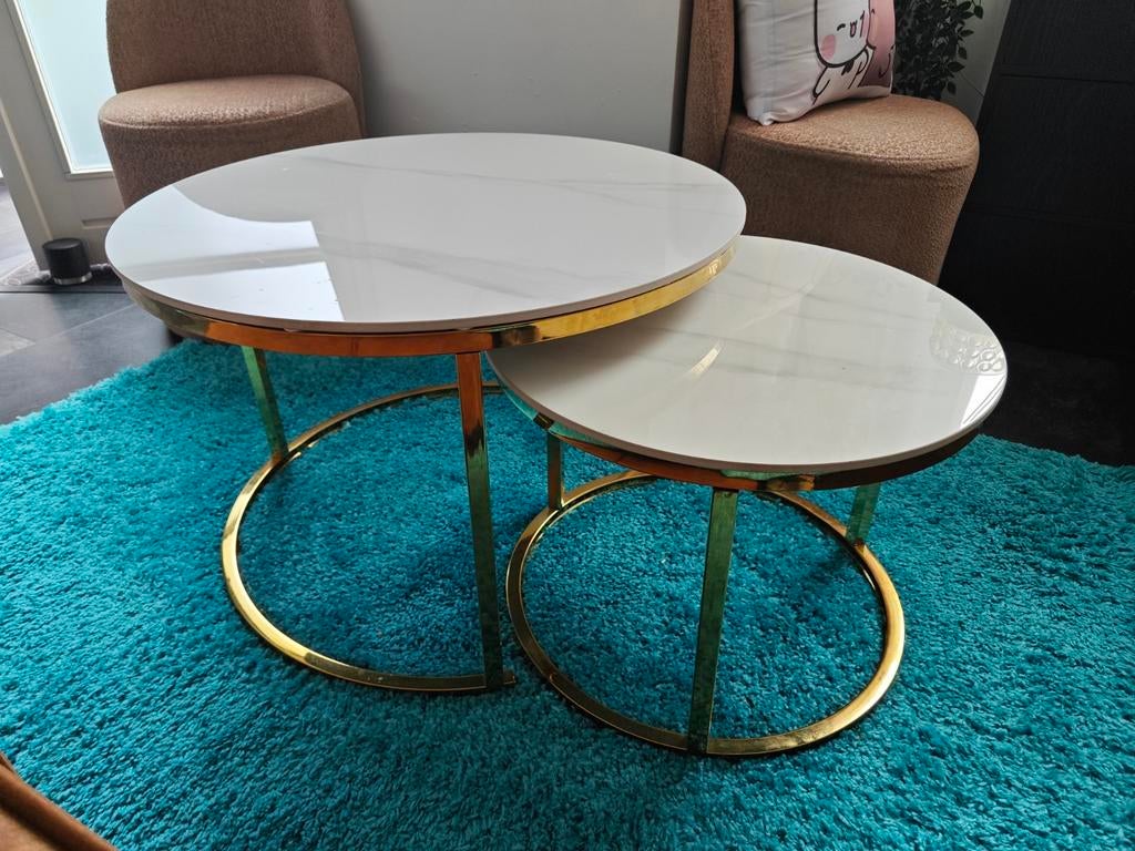 2-delige salontafel set wit marmer met gouden onderstel, Huis en Inrichting, Tafels | Salontafels, Ophalen, Gebruikt, Rond, Overige materialen