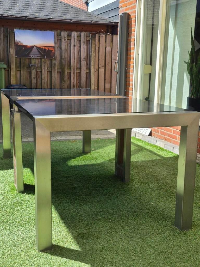 Moderne tuintafel met granieten blad en RVS onderstel, Huis en Inrichting, Tafels | Eettafels, Ophalen, 100 tot 150 cm, Overige materialen