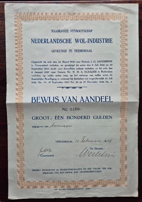 Nederlandsche Wol-Industrie 1927 Veenendaal 100g, Ophalen, 1920 tot 1950, Aandeel