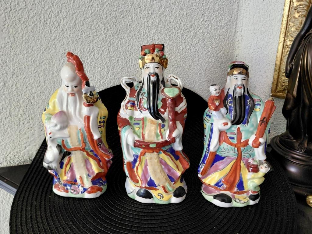 3 Chinese porseleinen Fu Lu Shou Beelden Goden van Geluk, Antiek en Kunst, Ophalen of Verzenden