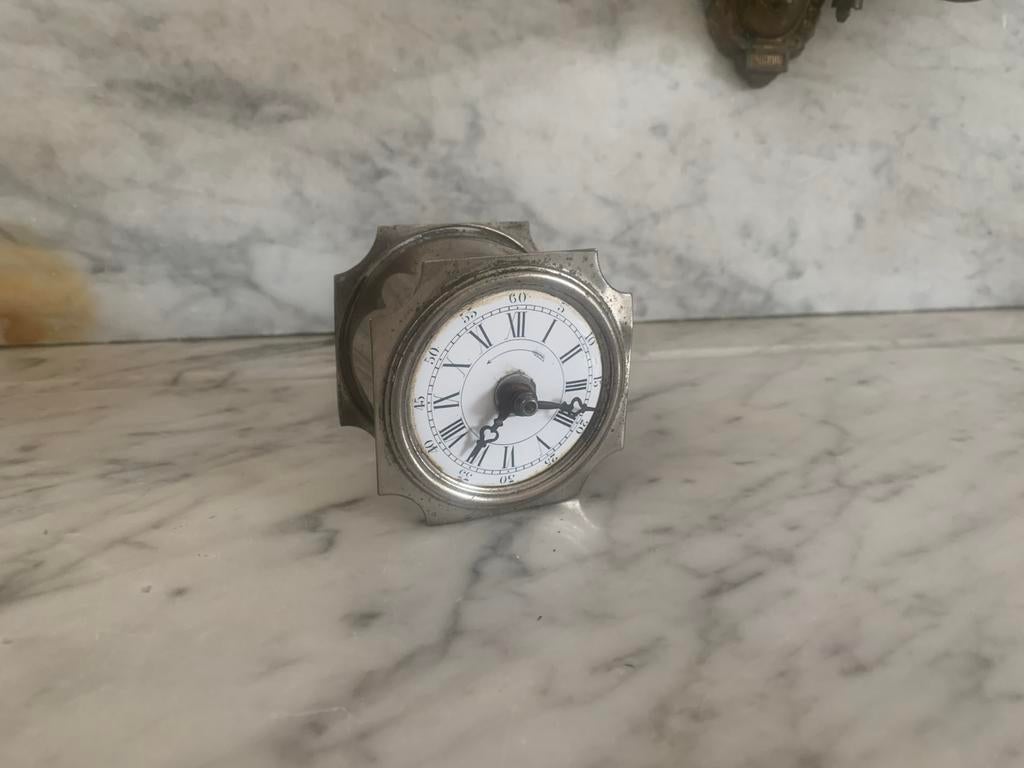 Antieke reisklok/mantelklok, zilverkleurig, Antiek en Kunst, Antiek | Klokken, Ophalen of Verzenden