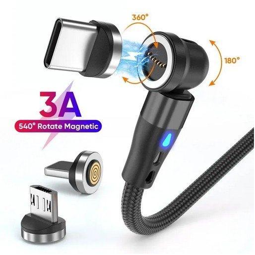 USB 3.0 Data/Laad kabel 3A Micro + USB C magnetisch roterend, Telecommunicatie, Mobiele telefoons | Toebehoren en Onderdelen, Nieuw