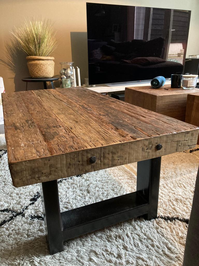 Salontafel van hout en metaal, Huis en Inrichting, Tafels | Salontafels, Ophalen, 100 tot 150 cm, 50 tot 100 cm, Zo goed als nieuw