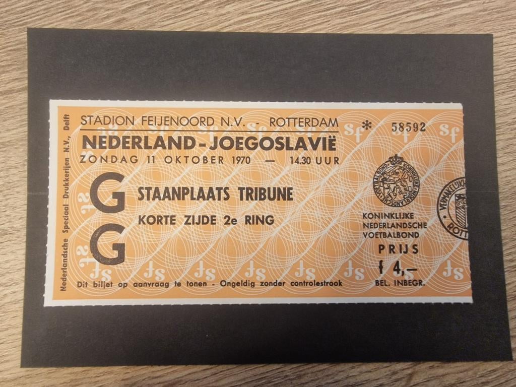 Kaartje EK Kwalificatie Nederland - Joegoslavië  1970, Ophalen of Verzenden, Gebruikt, Feyenoord, Poster, Plaatje of Sticker