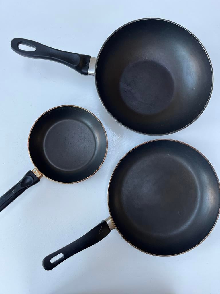 Set van 3 koekenpannen, Ophalen of Verzenden, Gebruikt, Overige materialen, Koekenpan of Braadpan
