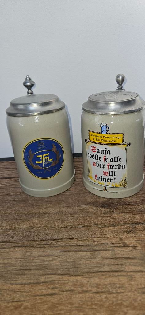 Vintage: Set van 2 Duitse bierpullen met tinnen deksel, Ophalen of Verzenden