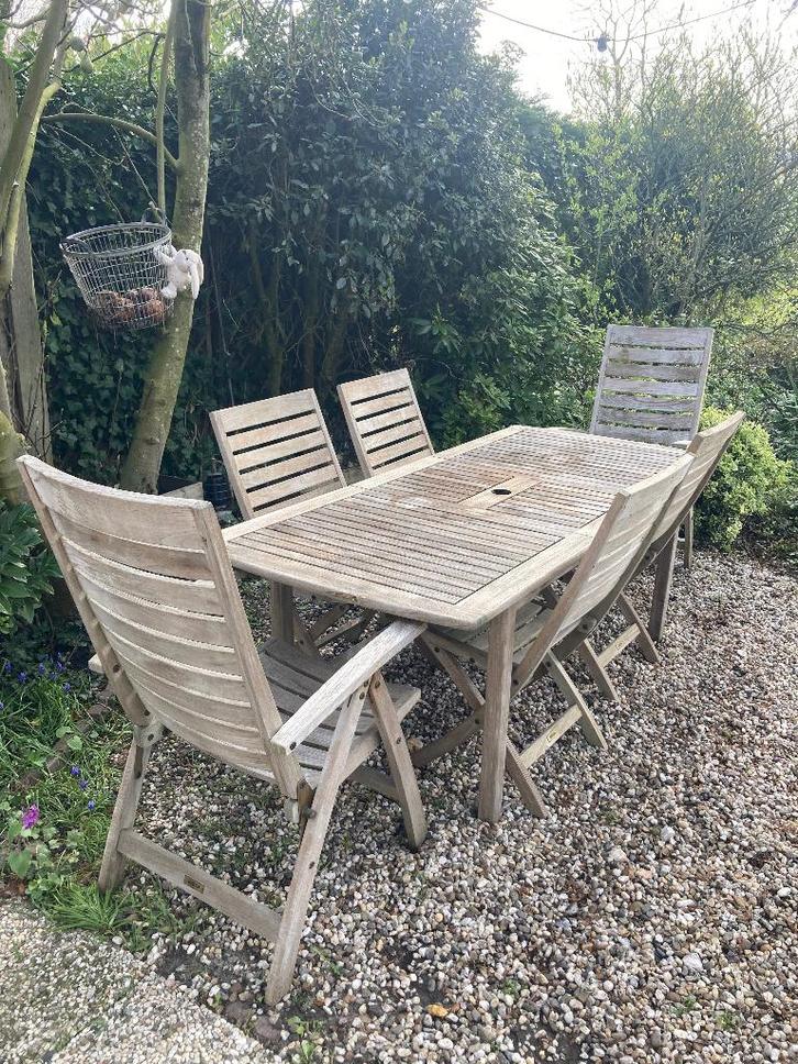 Tuinset teak, Tuin en Terras, Tuinsets en Loungesets, Gebruikt, Tuinset, Teakhout, 6 zitplaatsen, Eettafel, Stoel, Ophalen