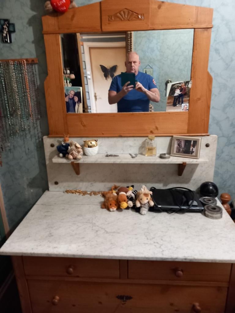 Antieke grenen kaptafel met marmer blad, Antiek en Kunst, Ophalen