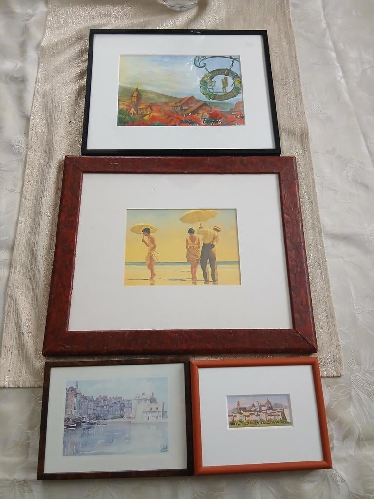 Set van 4 ingelijste schilderijen aquarellen, Antiek en Kunst, Ophalen