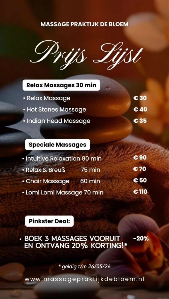 Massage Pinksterdeal- 20%, Diensten en Vakmensen, Welzijn | Masseurs en Massagesalons, Ontspanningsmassage