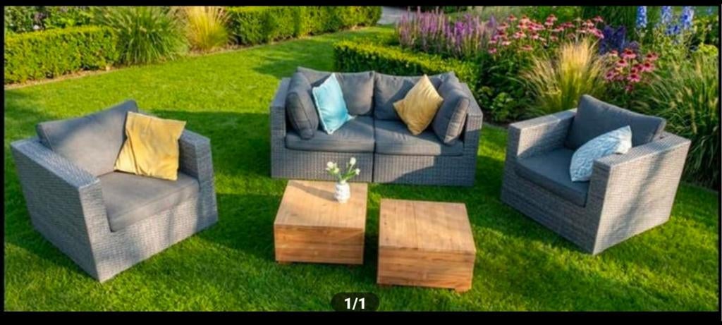 Wicker Tuinset 2 Fauteuils 2-zits bank + 2 teakhouten tafels, Ophalen, 4 zitplaatsen, Gebruikt, Bank