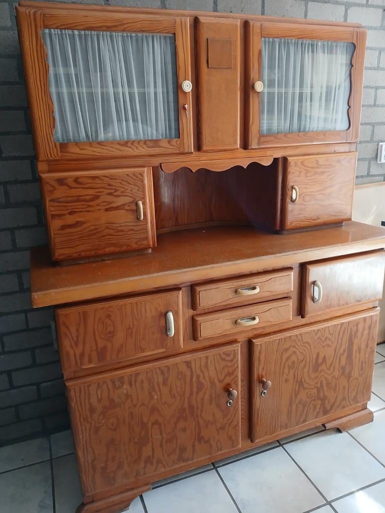 Vintage houten keukenkast met glazen deuren, Ophalen