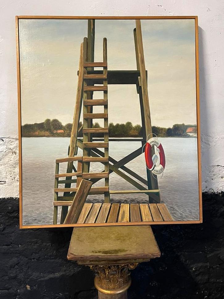 Schilderij olieverf Wiegerinck zwemvlonder meer Malmö Zweden, Huis en Inrichting, Woonaccessoires | Spiegels, Gebruikt, 50 tot 75 cm