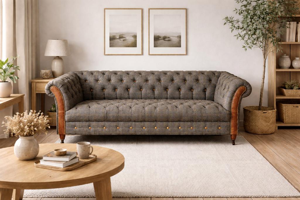 Henley Harris Tweed stof leer Chesterfield 3 Zits klassiek, Ophalen of Verzenden, Nieuw, 75 tot 100 cm, Stof