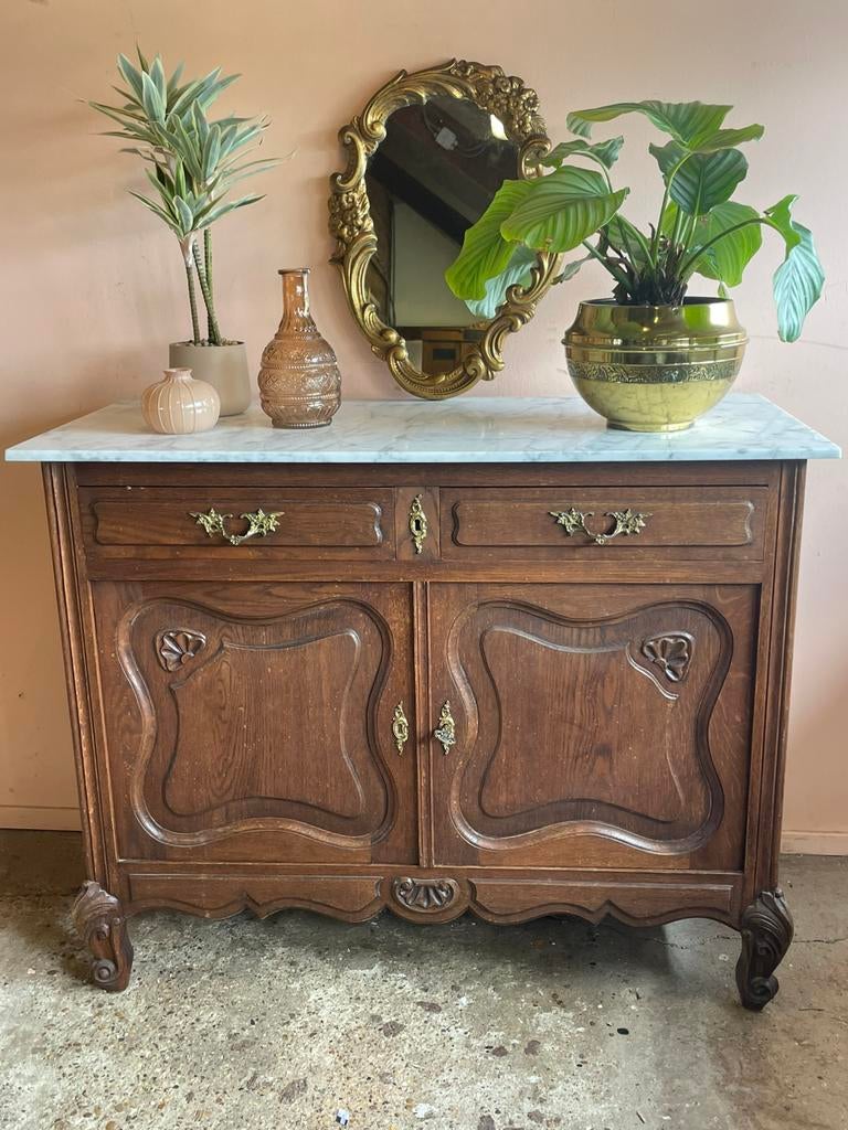 Smal antiek Frans dressoir eik met wit marmeren blad, Ophalen, Gebruikt