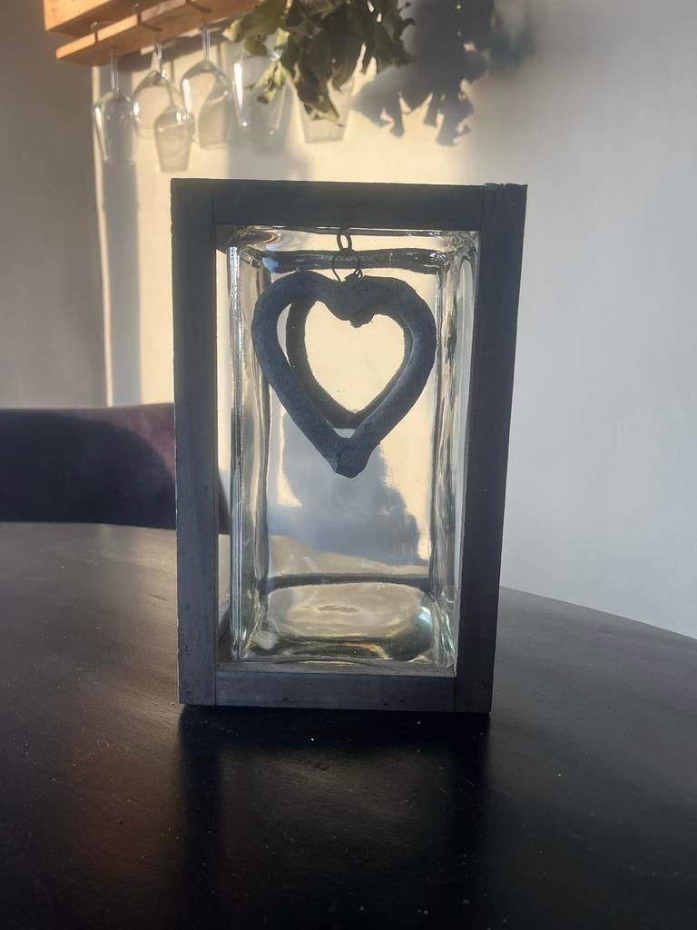 Windlicht met houten frame - grijs - 24x15 cm, Ophalen of Verzenden