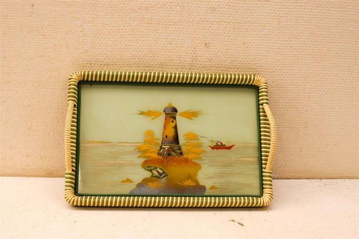 Vintage Dienblad met prent van vuurtoren 48486, Huis en Inrichting, Woonaccessoires | Dienbladen, Gebruikt, Hout, Rechthoekig