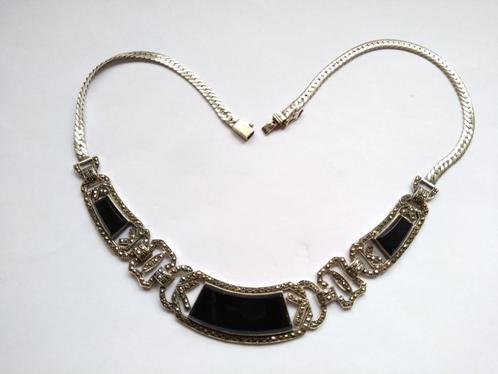 zilver COLLIER 45 cm met 3 Onyx en Markasietjes, Jugendstill, Sieraden, Tassen en Uiterlijk, Antieke sieraden, Ketting, Zilver