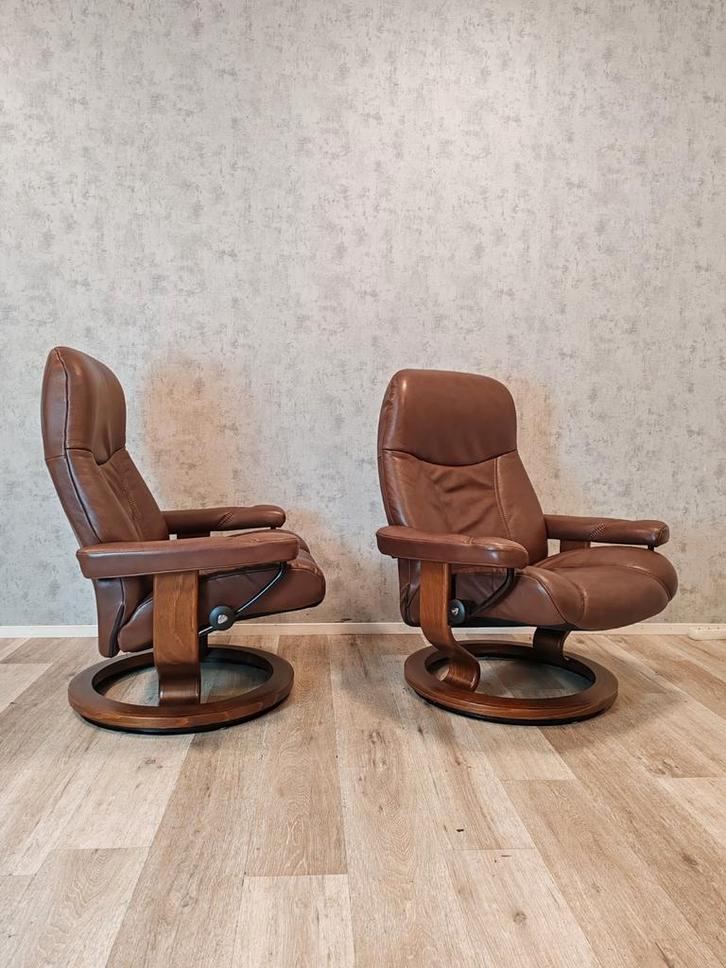 2x brede Stressless XL leren design relax fauteuil, Huis en Inrichting, Fauteuils, Zo goed als nieuw, Leer, 50 tot 75 cm, Minder dan 75 cm