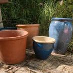 4 bloempotten Azur blauw en terracotta, Ophalen, Zo goed als nieuw, Rond, Minder dan 25 cm