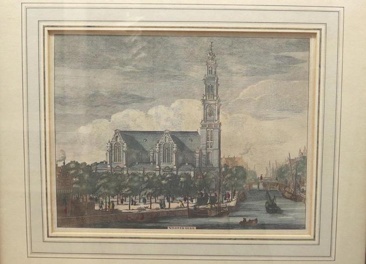 Antieke gravure Westerkerk Amsterdam 1726, Antiek en Kunst, Kunst | Etsen en Gravures, Ophalen of Verzenden