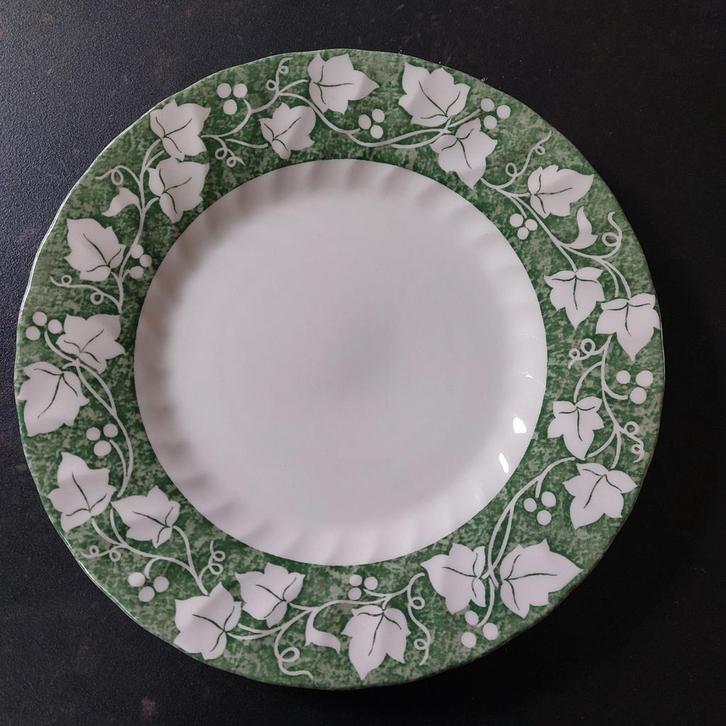5 Churchill onbijt borden met Groen Bladmotief, Huis en Inrichting, Keuken | Servies, Gebruikt, Bord(en), Overige stijlen, Aardewerk