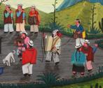 Ecuador, Tigua op huidleer. No: 3. Feest Cotopaxi  30x21,5cm, Antiek en Kunst, Kunst | Schilderijen | Klassiek, Ophalen