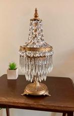 Antieke Franse lamp messing met kristallen pegels en kralen., Ophalen, Minder dan 50 cm, Glas, Antiek vintage