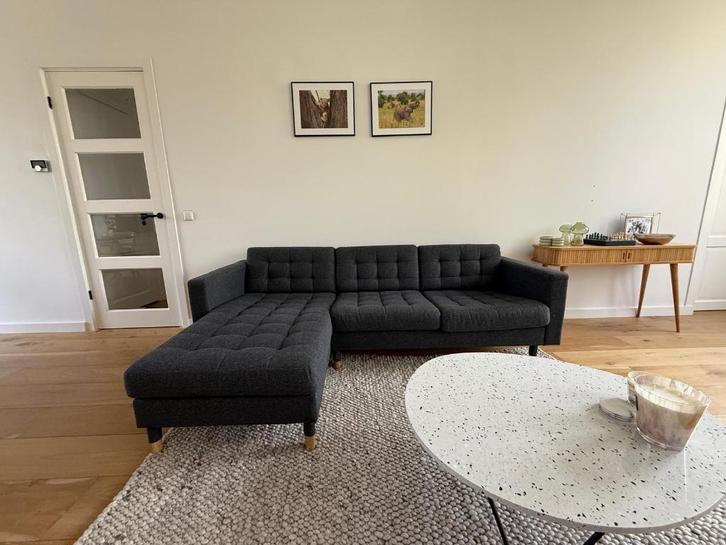 Landskrona (IKEA) 3-zitsbank donkergrijs, Huis en Inrichting, Banken | Complete zithoeken, Zo goed als nieuw, Hout, Stof, Overige materialen