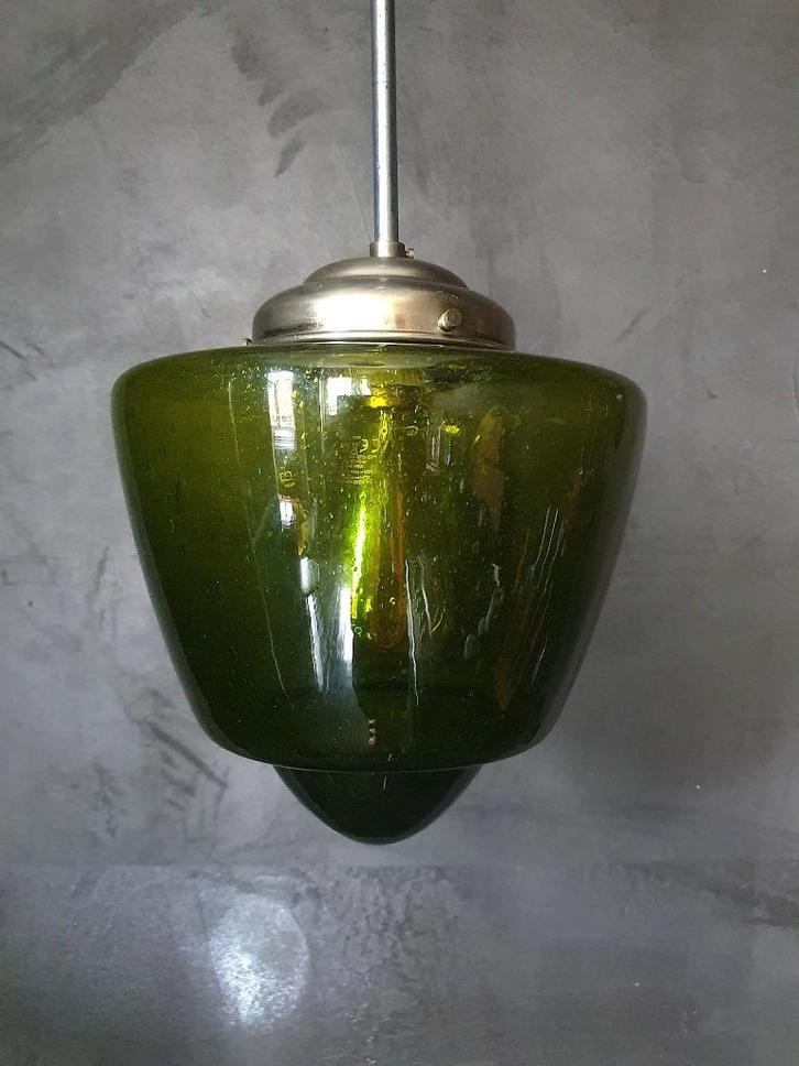 Vintage Groene Art Deco Bubbelglas Conische Hanglamp, Huis en Inrichting, Lampen | Hanglampen, Gebruikt, Minder dan 50 cm, Glas