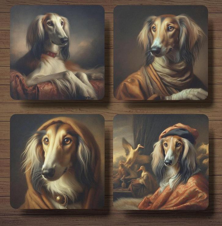 Saluki Rembrandt stijl onderzetters met houder, Huis en Inrichting, Woonaccessoires | Onderzetters, Nieuw, Glas of Kopje, Ophalen of Verzenden