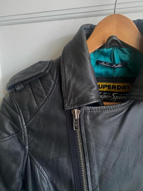 Superdry leren jas, biker jack met 3/4 mouwen M goede staat., Kleding | Dames, Jassen | Zomer, Gedragen, Maat 38/40 (M), Zwart