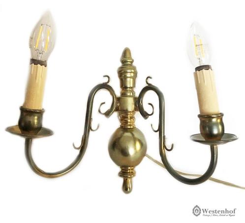 Antiek / oud Hollandse wandlamp brocante koper goud 2 arms, Huis en Inrichting, Lampen | Wandlampen, Nieuw, Metaal, Overige materialen