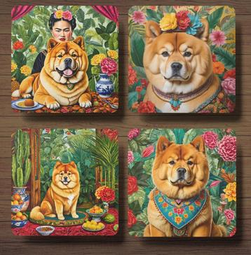 Chow Chow Frida Kahlo onderzetters met houder beschikbaar voor biedingen