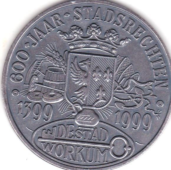 600 JAAR STADSRRECHTEN DE STAD WORKUM 1399 - 1999, Postzegels en Munten, Penningen en Medailles, Overige materialen, Ophalen of Verzenden