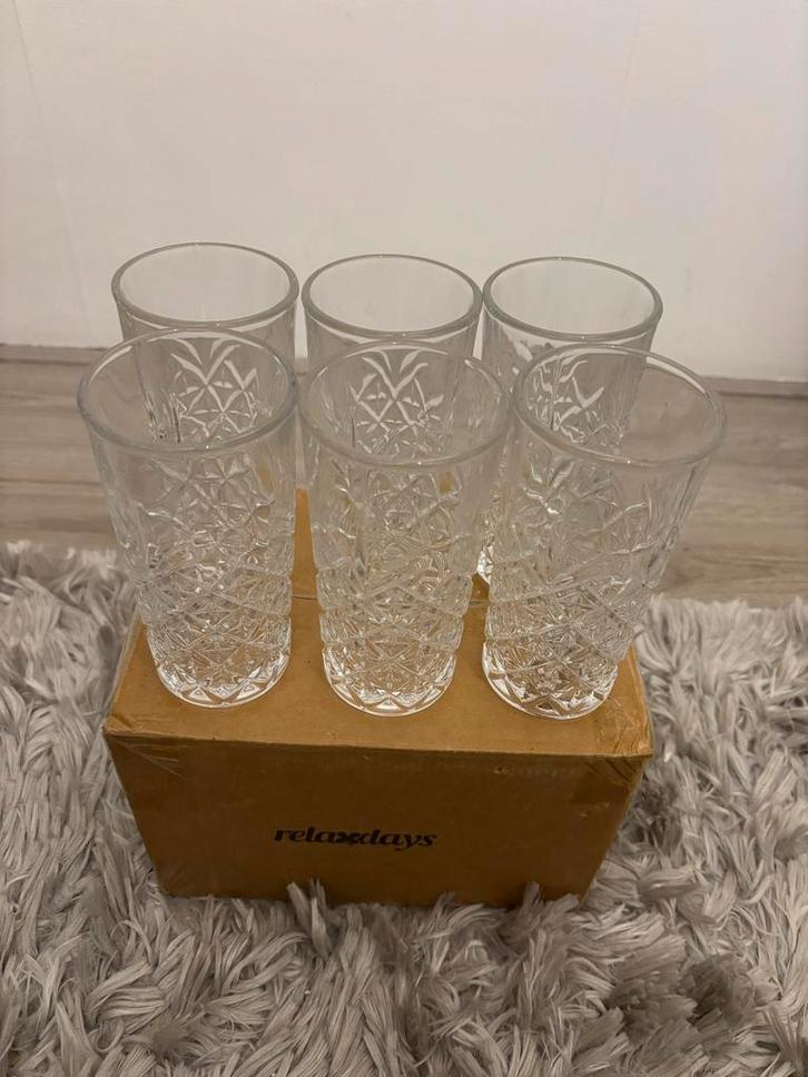 Longdrinkglazen Set van 6 - Gegraveerd & Vaatwasbestendig, Huis en Inrichting, Keuken | Servies, Nieuw, Glas of Glazen, Effen