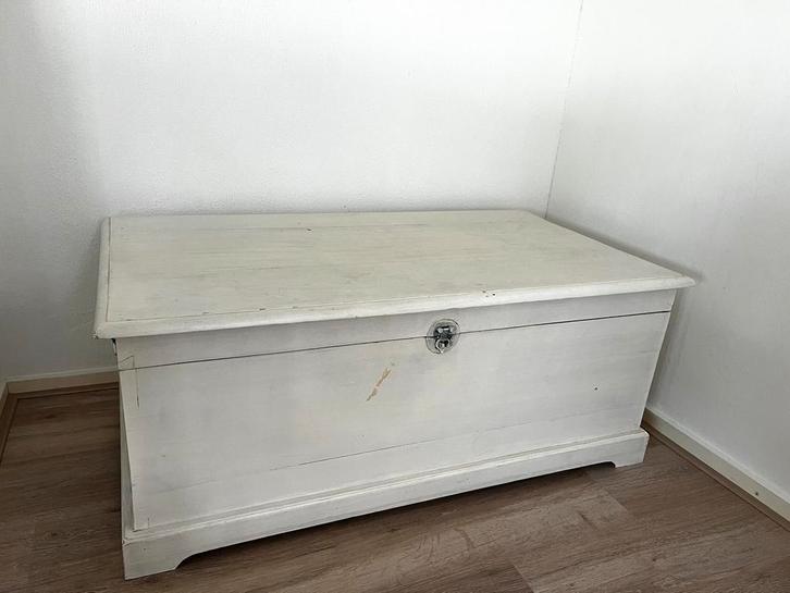 Massief Teakhouten Dekenkist – Wit Gelakt, Huis en Inrichting, Woonaccessoires | Kisten, Zo goed als nieuw, Minder dan 50 cm, 100 tot 125 cm