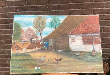 Boerenerf met kippen olieverf op doek beschikbaar voor biedingen