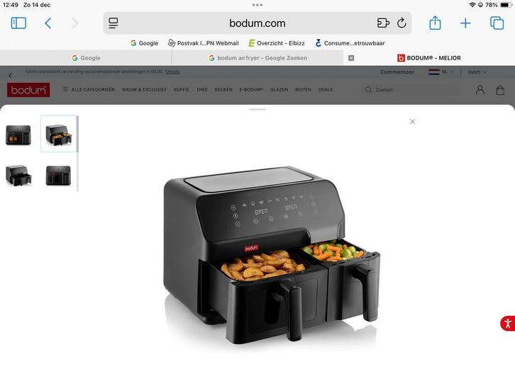 Dubbele airfryer voor snacks en frites tegelijk. Merk Bodum., Witgoed en Apparatuur, Airfryers, Zo goed als nieuw, Ophalen of Verzenden