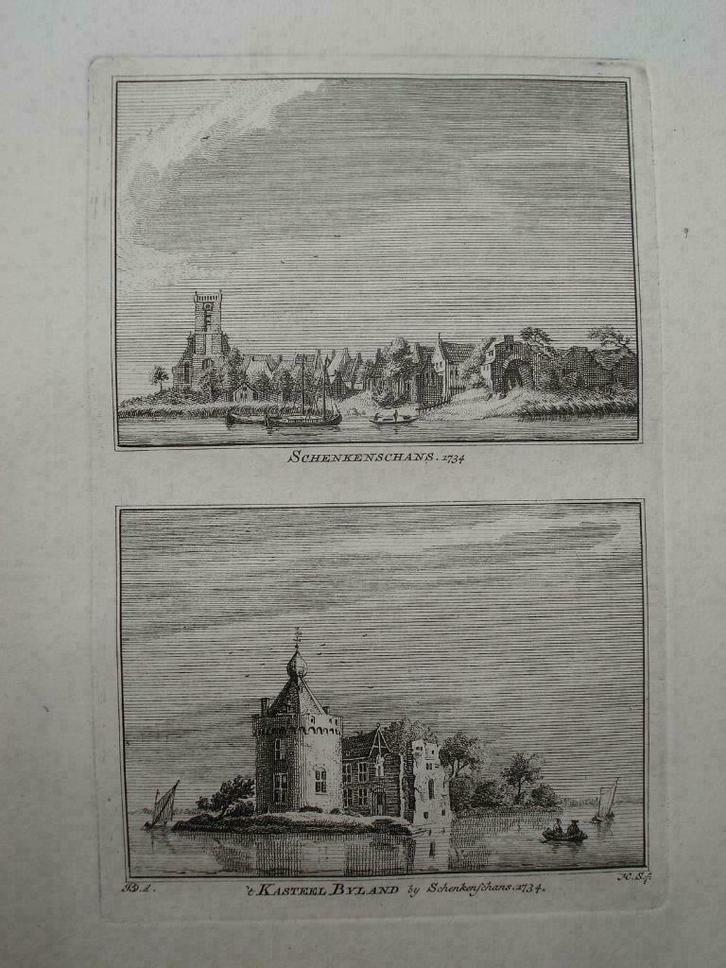 A 39-40 / Schenkenschans en Kasteel Byland Kopergravure 1745, Antiek en Kunst, Kunst | Etsen en Gravures, Ophalen of Verzenden