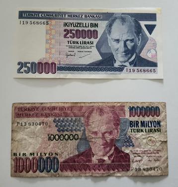 Twee biljetten Turkse Lira – 250000 en 1000000 beschikbaar voor biedingen