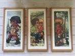 3 vintage prenten.  Jaren 70. 26 x 52 cm in houten lijst., Ophalen, Zo goed als nieuw, 50 tot 75 cm, Schilderij