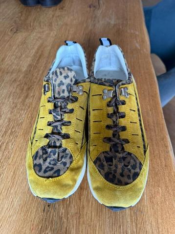 Unieke Dames Sneakers – Geel Suède met Luipaardprint beschikbaar voor biedingen