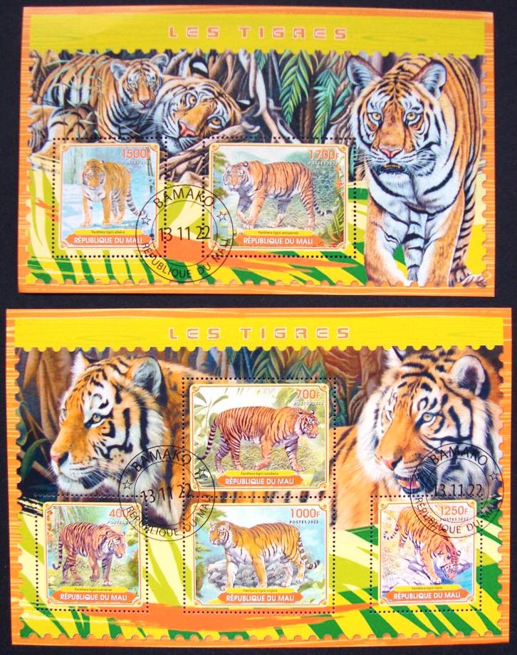 - 674 - 2 Blokken met Tijgers., Postzegels en Munten, Postzegels | Thematische zegels, Gestempeld, Dier of Natuur, Verzenden